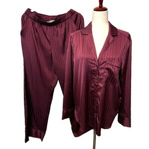 Abercrombie & Fitch Satin Womens M Pajama 2pc Set Burgundy Stripe Wide Leg Sleep